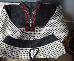 Norwegian Wool Cardigan with Red Accents And Pewter Closures